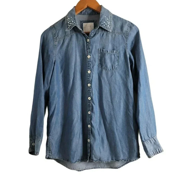 Justice Girls Top Denim Button Down Long Sleeve Shirt Rhinestone Sparkle Blue 14 - Picture 1 of 10
